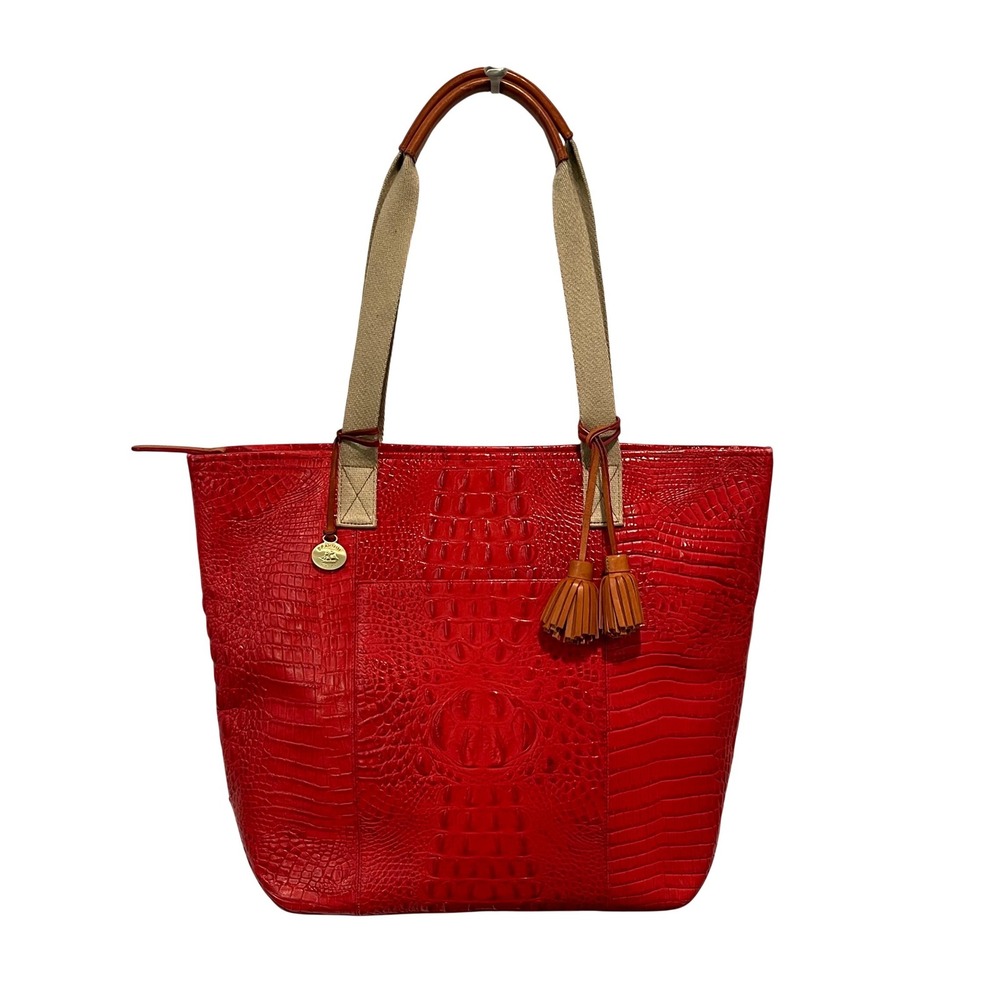 Brahmin Tote Bag Womens Red Crocodile Embossed Leather Tassel Shoulder Bag